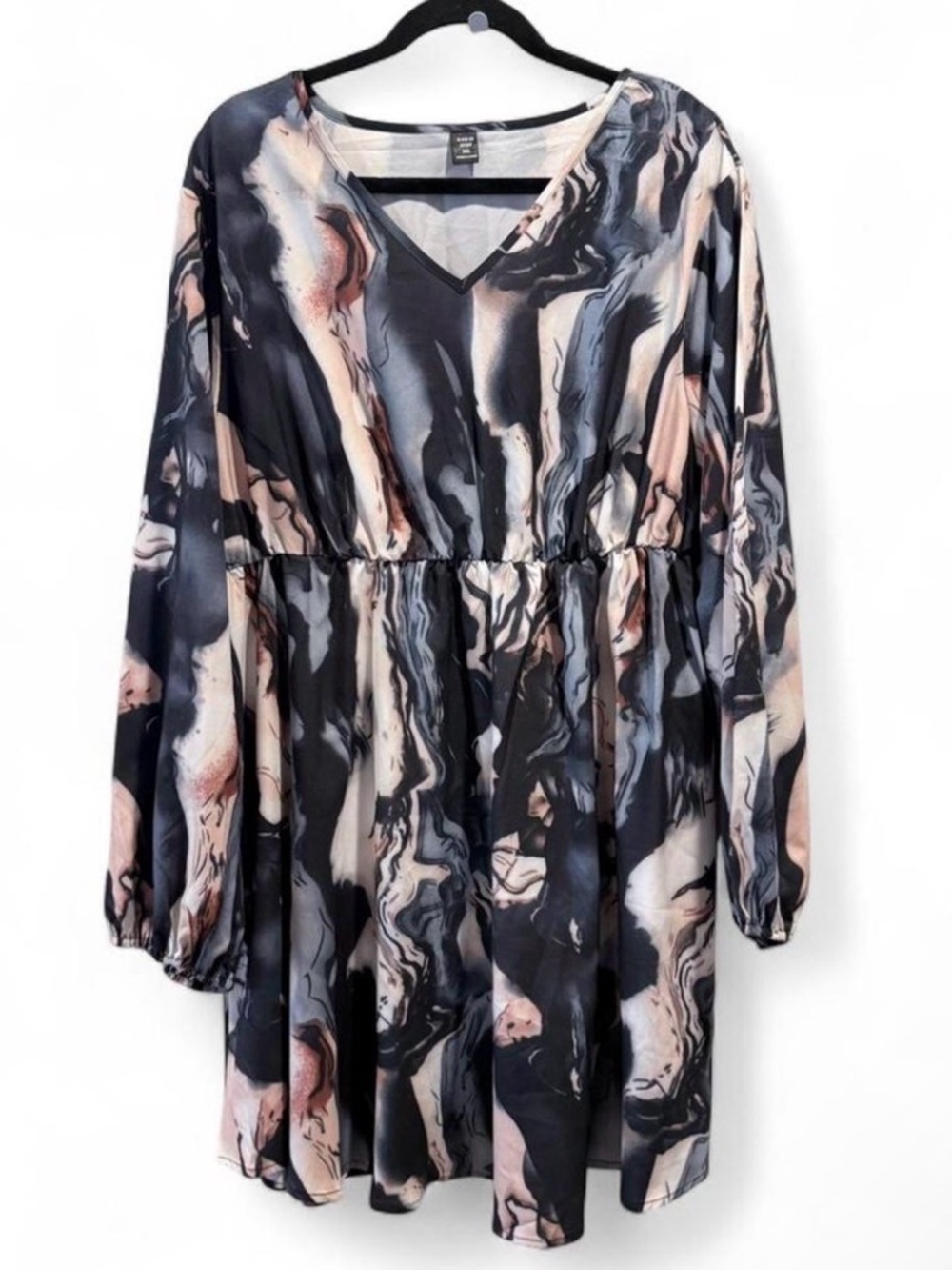 SHEIN Marble Swirl V-Neck Long Sleeve Midi Dress - Black & Pink & Cream